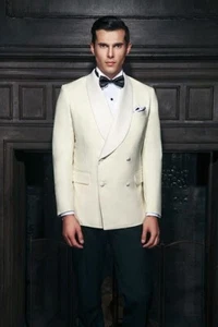 Men Suit Cream Double Breasted Blazer Black Pants Groom Prom Tuxedo Wedding Suit - Picture 1 of 8