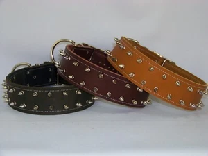 2 Inch-Wide Top Quality Leather Dog Collar W/ Double Row Spikes      Made in USA - Picture 1 of 19