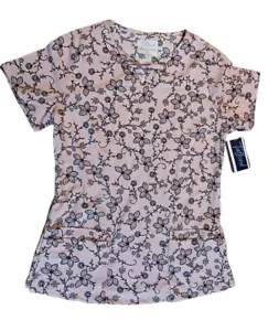 Tafford Uniform Active Stretch Scrub Top Medical Womens M Pink Floral V Neck NWT - Picture 1 of 6