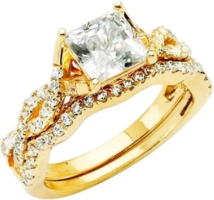 3.90 Ct Princess Engagement Wedding Ring Set Real 14K Yellow Gold Simulated Band - Picture 1 of 1