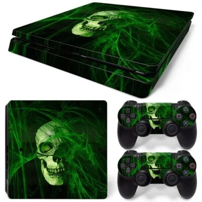 Fits PS4 Slim Console & 2 Controllers Green Skull Vinyl Skin Decal Wrap - Image 1 of 2