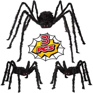 Halloween Spider Decoration Set Scary Hairy Giant Spiders w/ Red Eyes 5 Ft 3 Ft - Picture 1 of 6