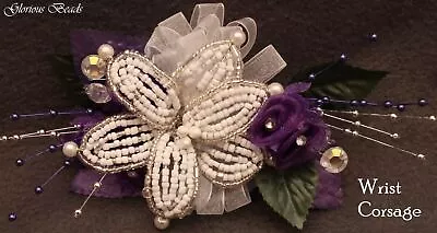 Corsage Purple, Beaded Lily, Silk Roses, Beads Rhinestones. Boutonniere Option - Image 1 of 4