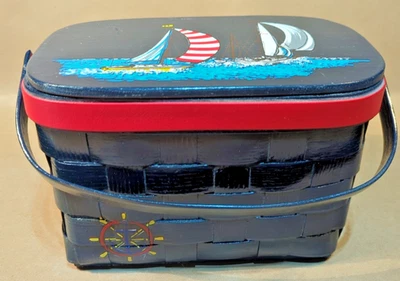 Vintage Caro Nan Signed Navy Wood Sailboat Basket Purse Red Quilted Lining - Image 1 of 4