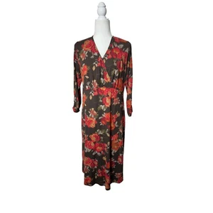 J Jill Brown Floral Print Stretch Rayon Midi Dress Womens Size Medium Fall Wrap - Picture 1 of 8