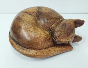 Large Vintage Wooden Hand Carved Curled Sleeping Cat, 10" Ornament, Statue - Picture 1 of 6
