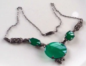 BIG stones Chrysoprase Marcasite Authentic Art Deco sterling silver necklace - Picture 1 of 10