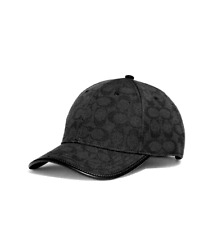 COACH Baseball Hat Unisex XS/S Black Jacquard Canvas SIG C Leather Trim $125 NEW