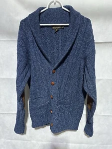 Cárdigan de lana Eddie Bauer L de colección tejido con cable suéter azul chal cuello codo parche - Imagen 1 de 6