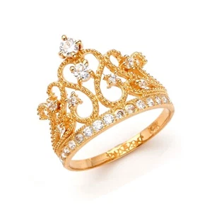 14K Solid Yellow Gold CZ Princess Crown Ring - Picture 1 of 1