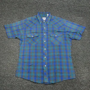 Basic Editions Shirt Adult Medium Blue Green & Gray Plaid Snap Button Up Western - Picture 1 of 7