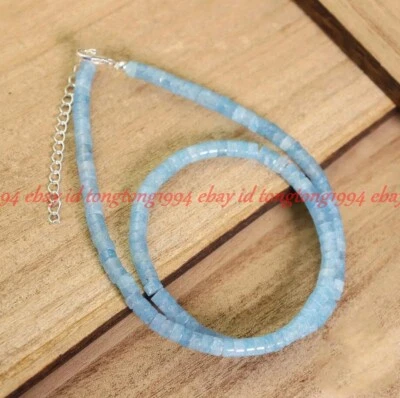 Natürlich 3x6mm Aquamarin Edelstein Reifen Rondelle Perlen Halskette 35-70cm - Bild 1 von 4