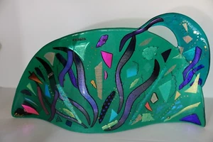 Fused Glass Contemporary Abstract Panel Suncatcher Art Glass Wavy Shape Vivid - Picture 1 of 11
