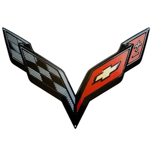 C7 Corvette Black Crossed flag Wall Emblem Large Metal Art Full 24" x 15" - Picture 1 of 8