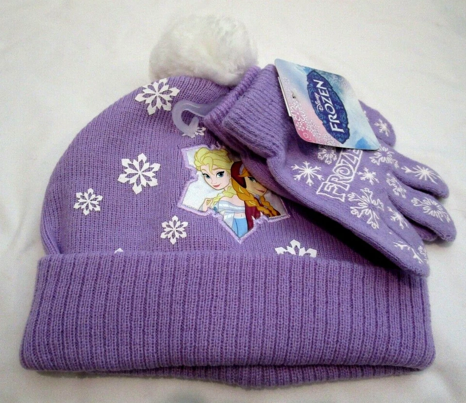 Frozen Elsa/Anna Púrpura POM POM Gorro Gorro y Guantes con Dedos Conjunto de 2 piezas - ¡Nuevo! Foto 1 de 1
