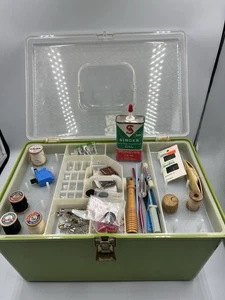 Vintage Wilson Retro Green Sewing Box Clear Top with Trays Large W/VINTAGE ITEMS - Picture 1 of 24