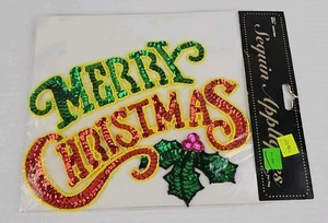 Wangs MERRY CHRISTMAS Bead & Sequin Appliqué Sew-on 8.5" x 6” - Picture 1 of 5
