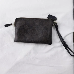 Coach Signature Print Wristlet Pouch Brown Black Leather Accent Zip Top - Picture 1 of 5
