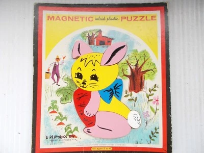 Quebra-cabeça vintage magnético embutido plástico coelho 9 peças Playskool 6580A - Imagem 1 de 3