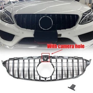 Black W/ Camera GT R Vertical Grill Grille for Mercedes-Benz W205 C300 15-18 - Picture 1 of 12