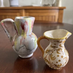 Set Of 2 - Italian Earthenware Ceramic Miniature Hand Painted Pottery Pitchers - Picture 1 of 12