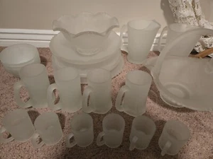 Indiana Glass Large Dining Set 22 Pieces White Frosted Satin Bowls Platters Mugs - Picture 1 of 16
