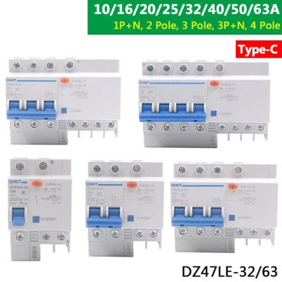 10-63A 1P+N 3P+N 2-4 Pole RCD RCBO Residual Current Circuit Breaker Type C DZ47L - Image 1 of 4