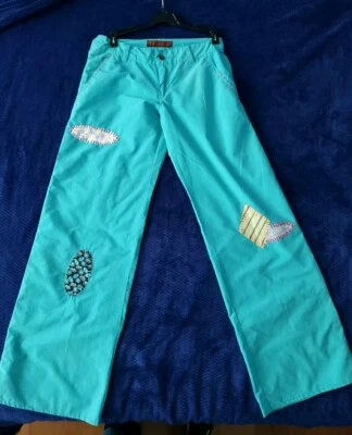 MISS ME WOMENS EMBELISHED PATCHWORK FLARE LEG  Turquoise SZ S (30x31) - Image 1 of 4