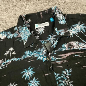 Tori Richard Hawaiian Island Print Shirt Top Women's XL Black Blue Uniforms S/S - Picture 1 of 10