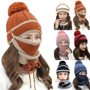 Winter Ladies Knit Hat And Scarf Set Face Mask Knitted Fleece Warm Caps Casual - Picture 1 of 18
