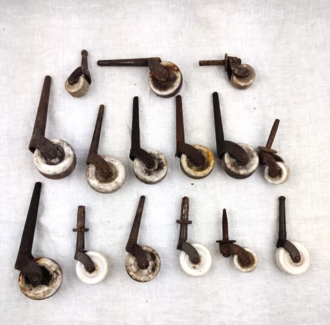 Lot of 15 Vintage Porcelain Caster Wheels Steel Pin Cabinet Dresser Cover