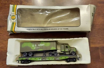 AHM 56789 Flat Car and US Army,  8900 Truck Freight Car and Semi. Box Has Damage - Image 1 of 4
