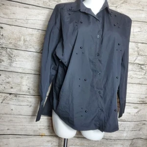 LIFE Black Bead Pearl Accent Long Sleeve Button Down Blouse Shirt Size XL NWOT - Picture 1 of 5