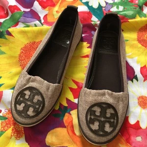 Women’s Tory Burch Canvas Striped Loafer Slip-On Flats Brown Neutral 5M - Picture 1 of 9