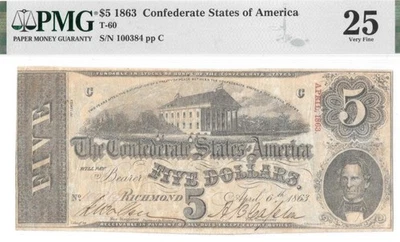 T-60 1863 $5 Confederate PF-4 PMG VF25 Nice Mid Grade Civil War - Image 1 of 4