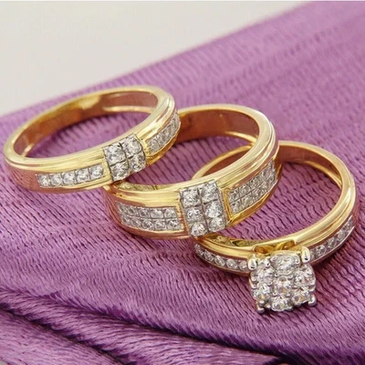 2.50 Ct Round Cut Lab Created Diamond Wedding Trio Ring Set 14k Yellow Gold Over - Image 1 of 4