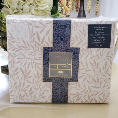 4-Pc William Morris Leaf Plaster California King Sheet Set Cotton Percale - Image 1 of 4