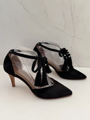 ULLA JOHNSON Pointy  Black Heels Suede Lace Up Tassel Accents Size 37 - Image 1 of 4