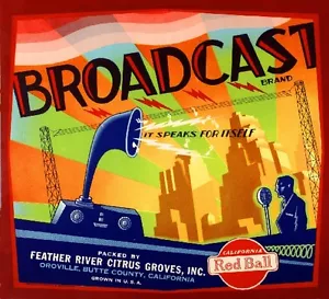 Oroville Butte County Rundfunk Radio Orange Zitrus Obstkiste Etikett Kunstdruck - Bild 1 von 1