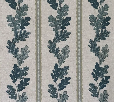 Indigo Striped Cotton Linen Look Fabric – Burr Oak Tree Leaves, Country Style - Image 1 of 4
