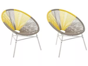Set of 2 Modern Chairs Round Taupe Yellow Rattan Steel Living Room Acapulco - Picture 1 of 12