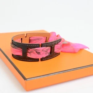HERMES Petit h Ribbon Bracelet PM 100% Silk Exotic Leather Brown Pink 63RL014 - Picture 1 of 15