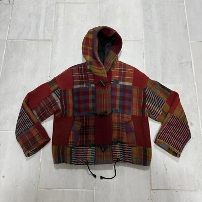 The Limited 90s VTG USA Plaid Patchwork Hooded Toggle Jacket Red Wool Blend - Image 1 of 4
