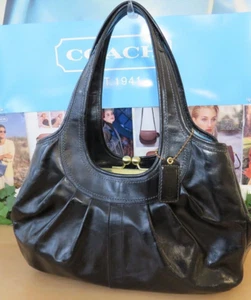 Stylish! COACH Large BLACK PLEATED LEATHER ERGO Kiss Lock BAG PURSE SATCHEL TOTE - Picture 1 of 10