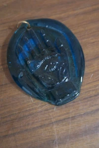 Vintage Judaica Israel Hamsa Evil Eye 4"x5" Handmade Blue Pressed Glass Hanging - Picture 1 of 3