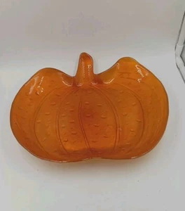 Lg Orange Fused Glass Pumpkin Shaped Dish Bowl, Fall Decor Thanksgiving  10x 11" - Picture 1 of 11