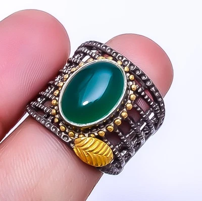 Green Onyx Black Rhodium 925 Sterling Silver Ring S.8 R2447535, Christmas Gift - Image 1 of 4