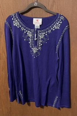 Quacker Factory Embellished Bedazzled Rhinestones Purple 1/4 Zip Sweater Sz M T8 - Image 1 of 4