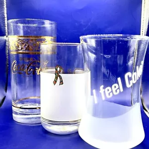 VTG Coca cola glasses Japan 80s Roberta Camerino box retro gold frosty set of 3 - Picture 1 of 21