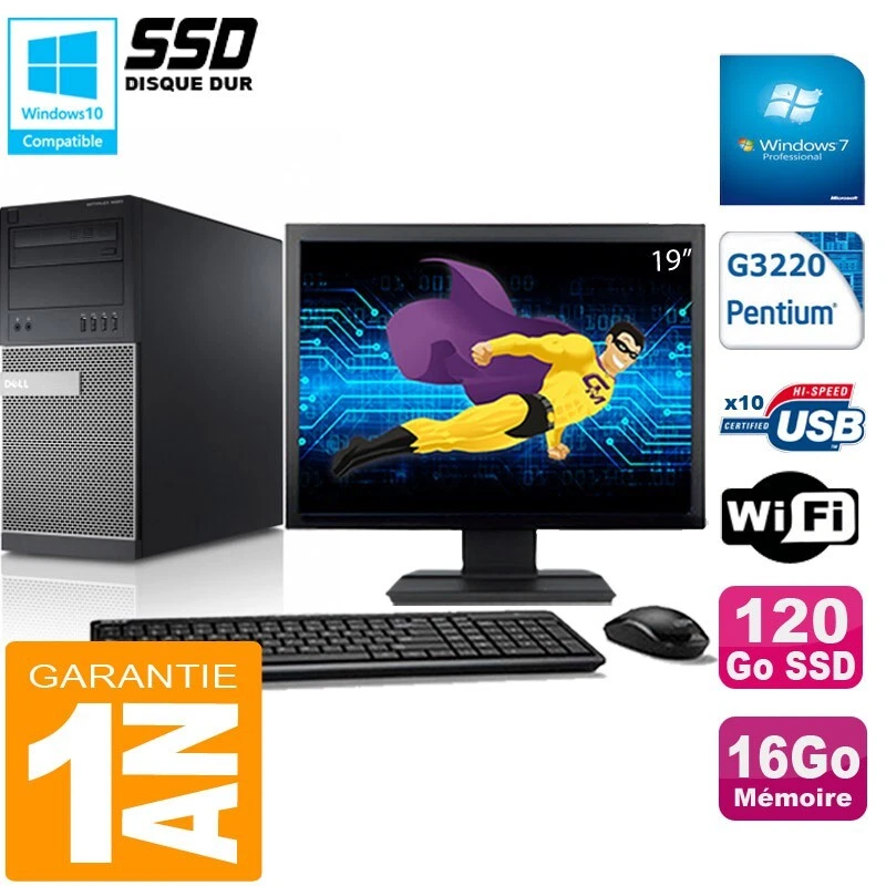 PC tour DELL 9020 Intel G3220 RAM 16Go Disco 120 Go SSD Wifi W7 Pantalla 19" - Imagen 1 de 1